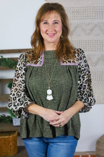 Olive Leopard Contrast Blouse
