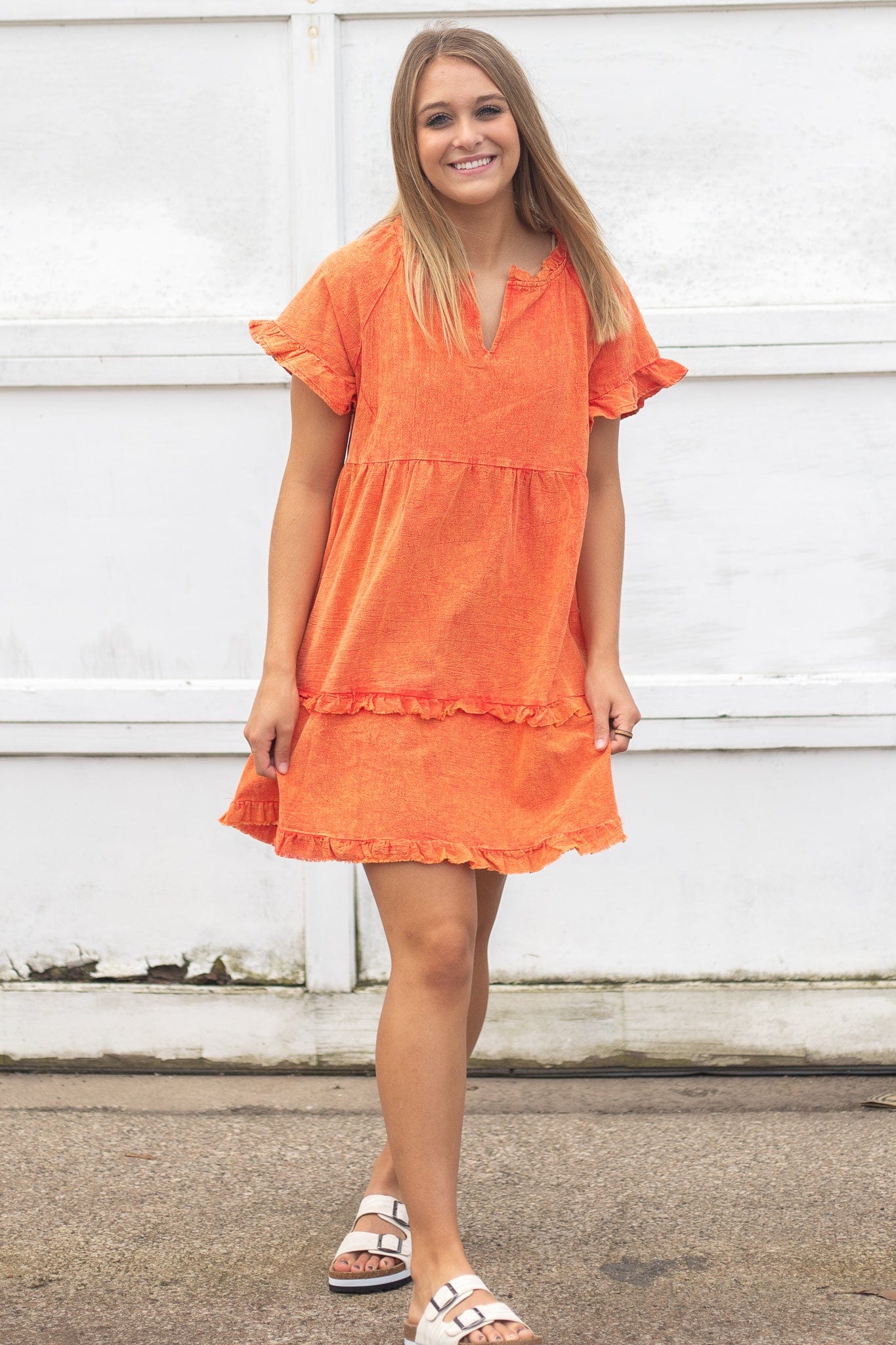 Hot Coral Ruffle Hem Dress