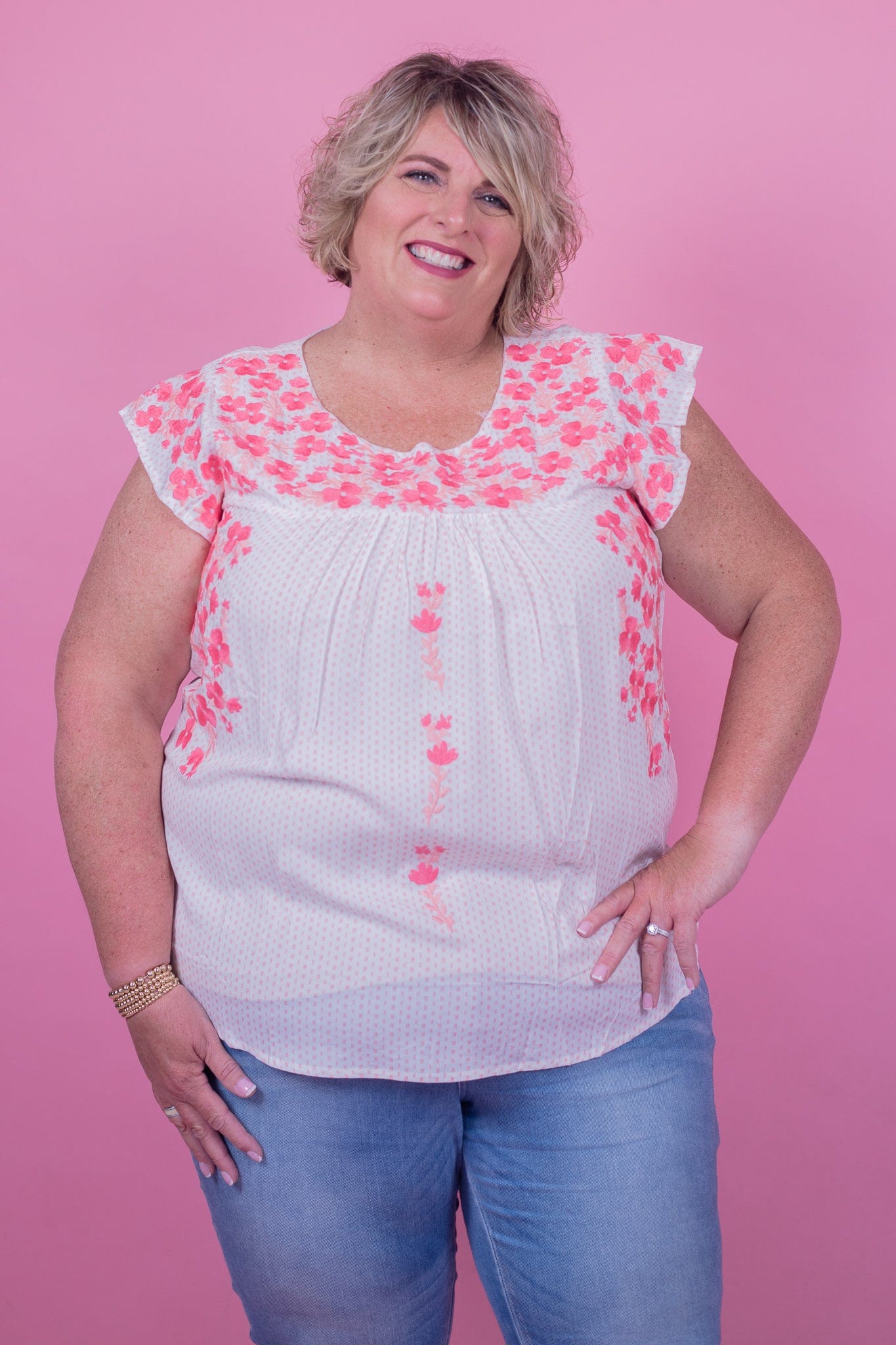 Sweet Coral Embroidered Flower Top