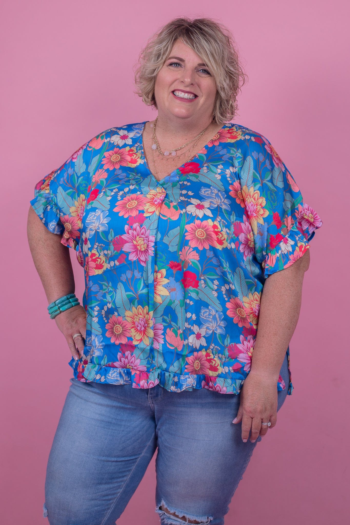 Cobalt Floral Ruffle Hem Blouse