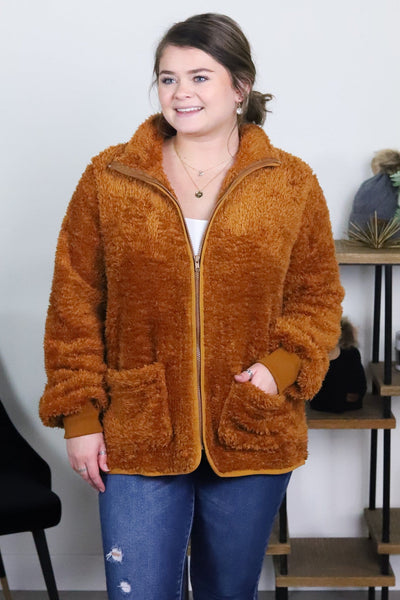 Camel Teddy Zip Up Jacket