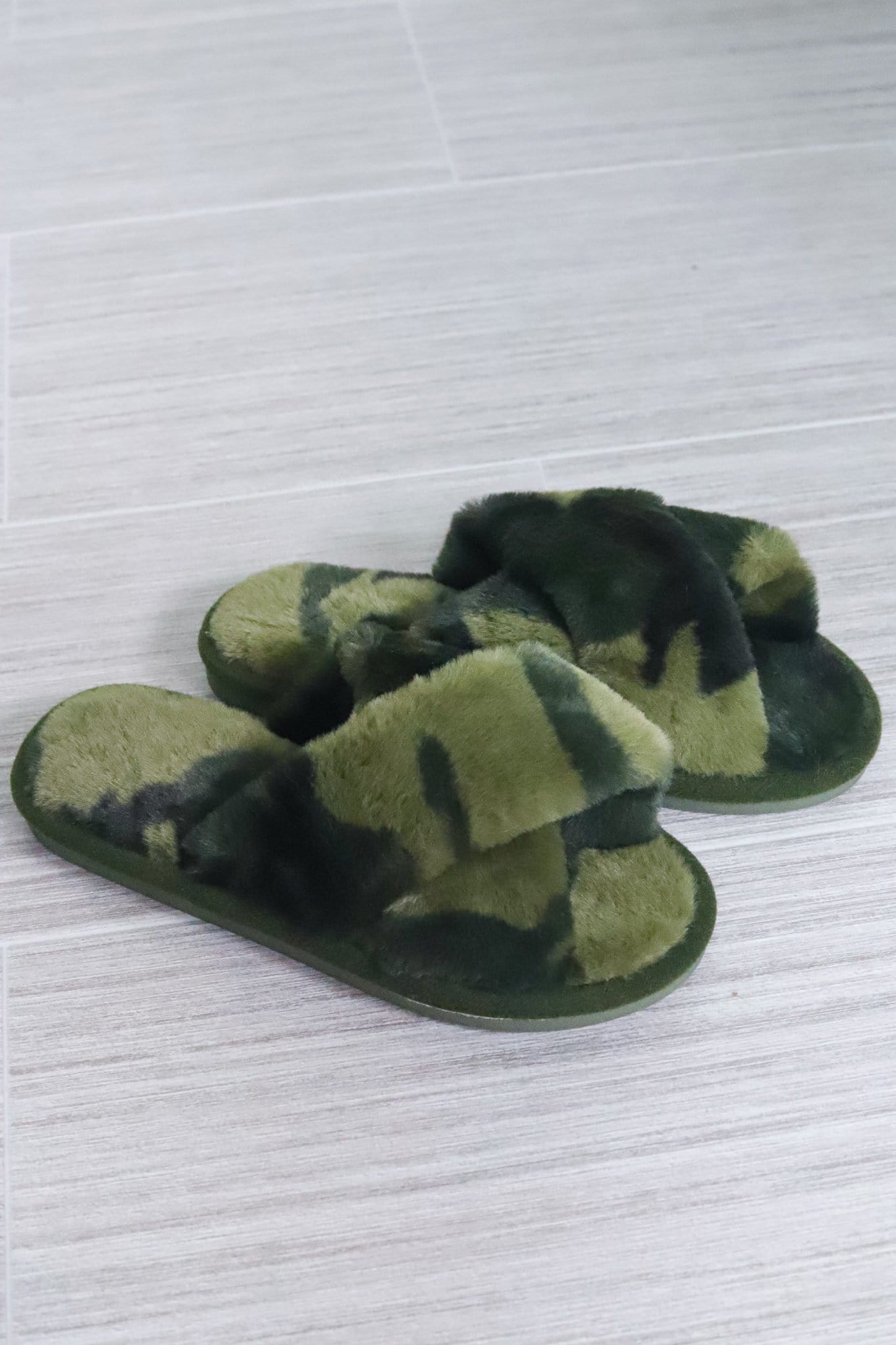 Camo Faux Fur Cross Band Slippers