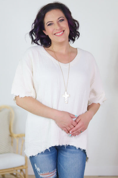 Ivory Cotton Gauze Washed Frayed Top