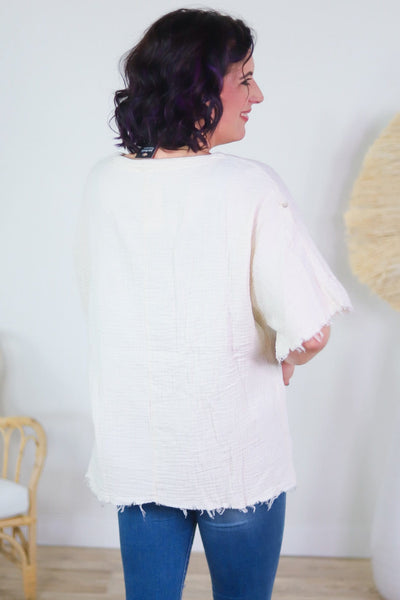 Ivory Cotton Gauze Washed Frayed Top