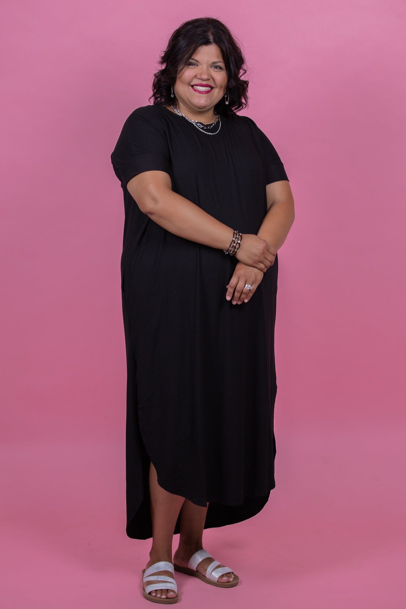 Black Short Sleeve Side Slit Dress