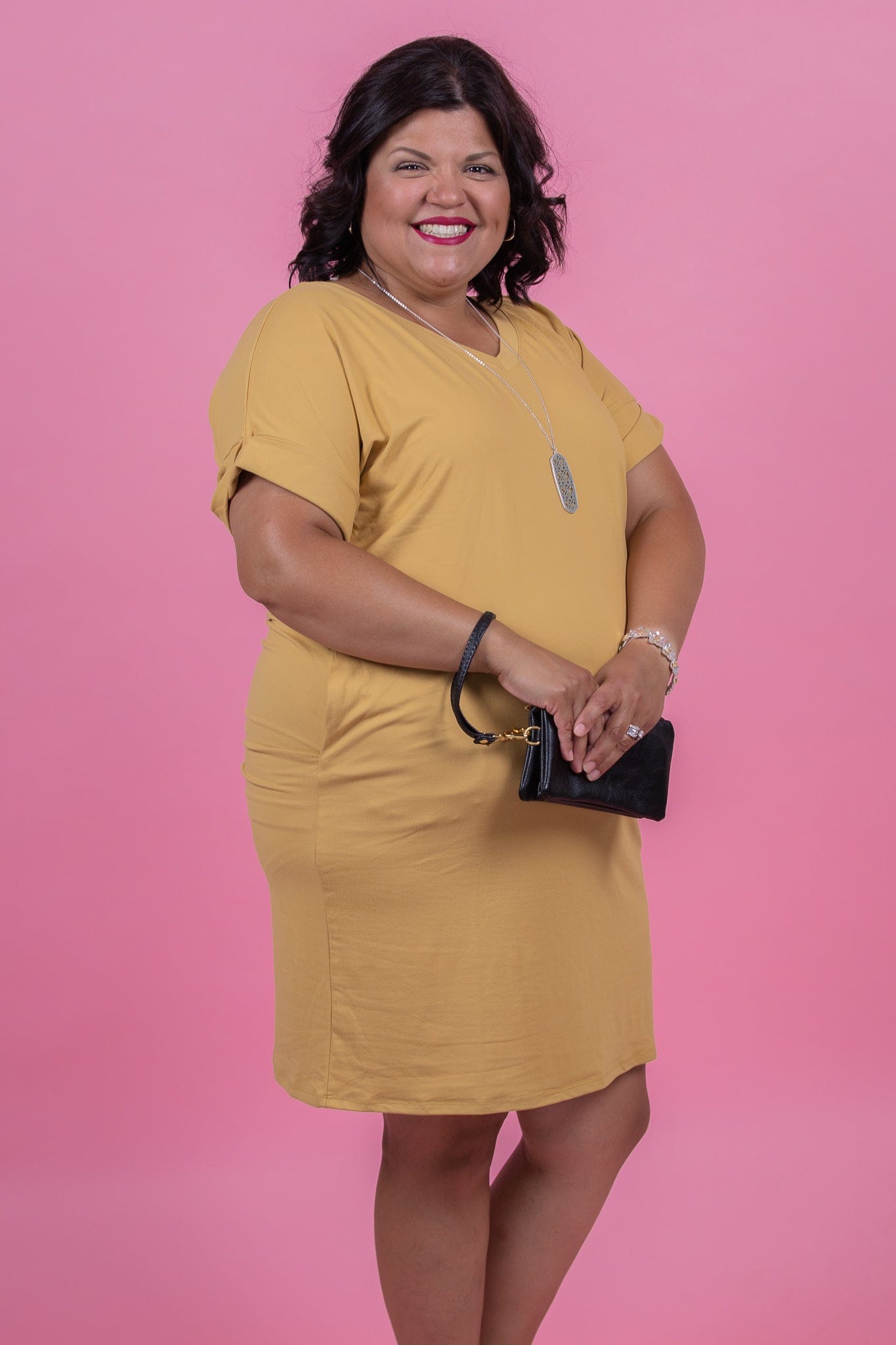 Light Mustard Rolled Sleeve Vneck Dress