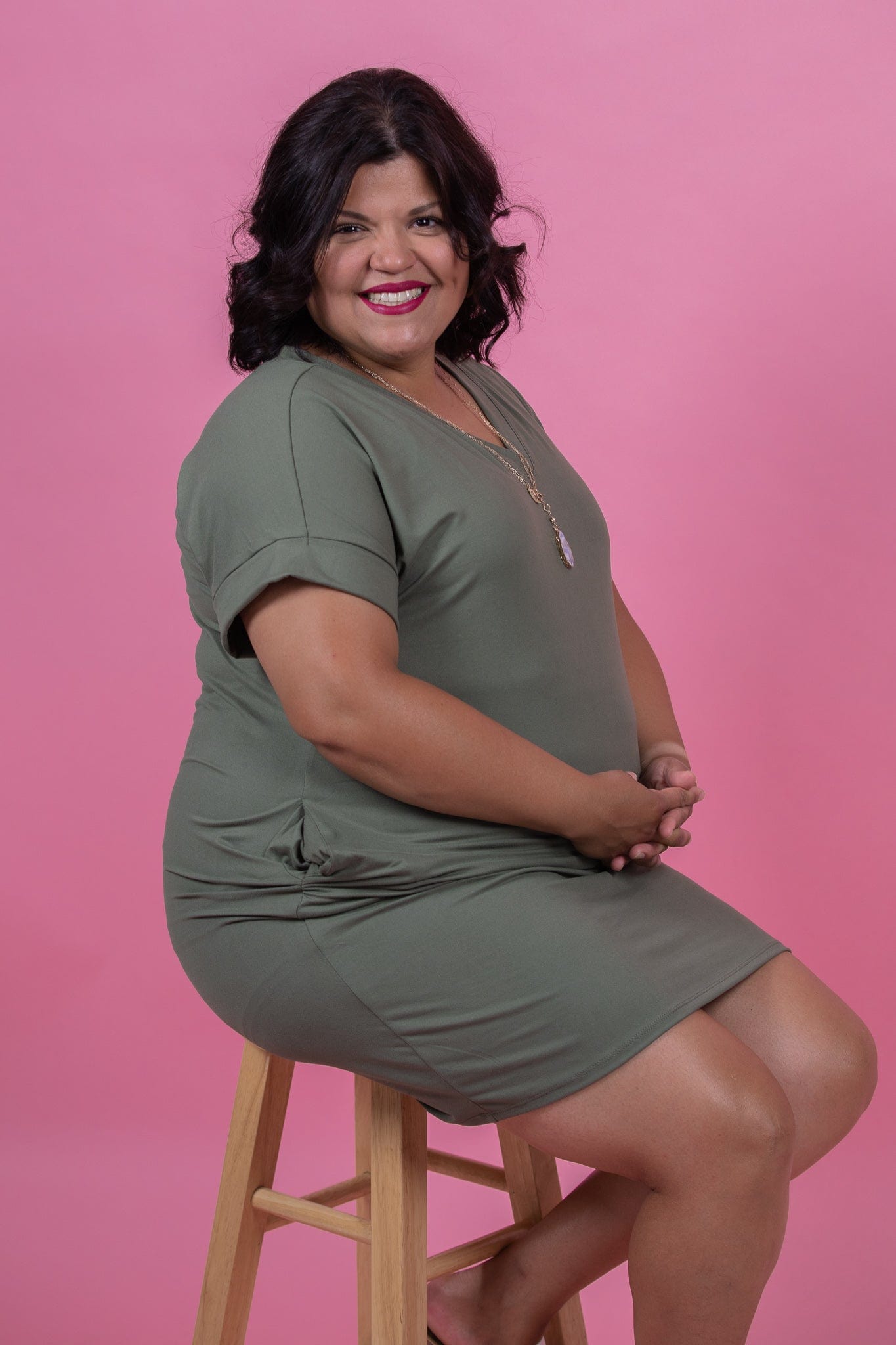 Light Olive Rolled Sleeve Vneck Dress