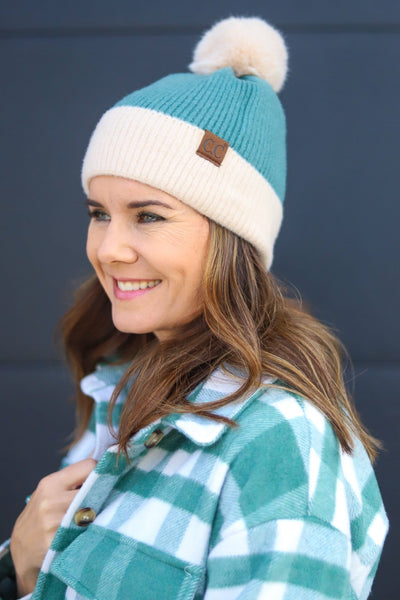 Colorblock Solid Faux Fur Pom Beanie