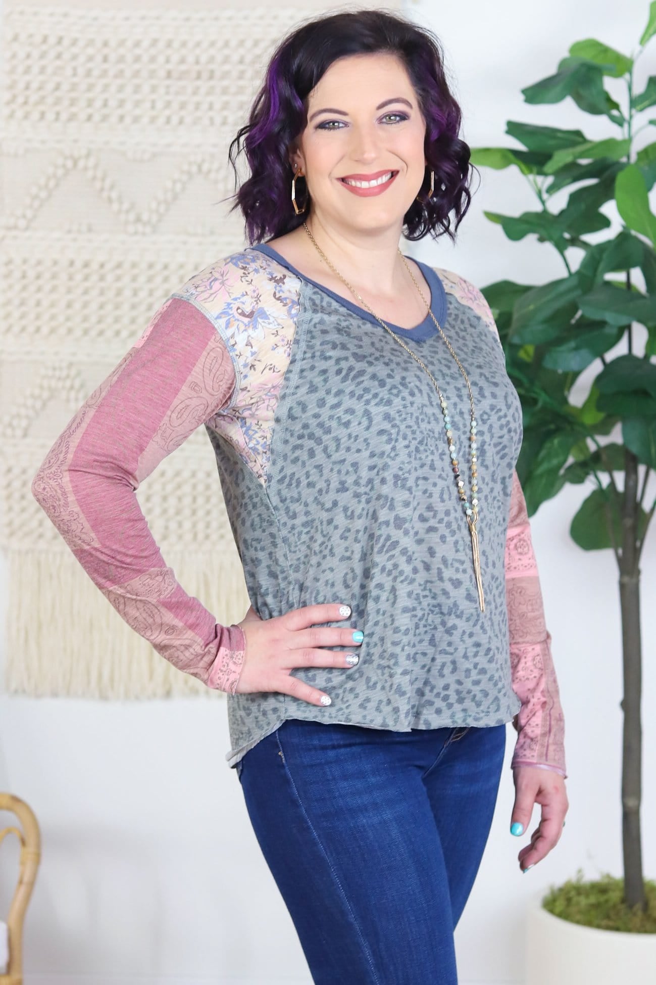 V-neck leopard top with floral and paisley printed long sleeve