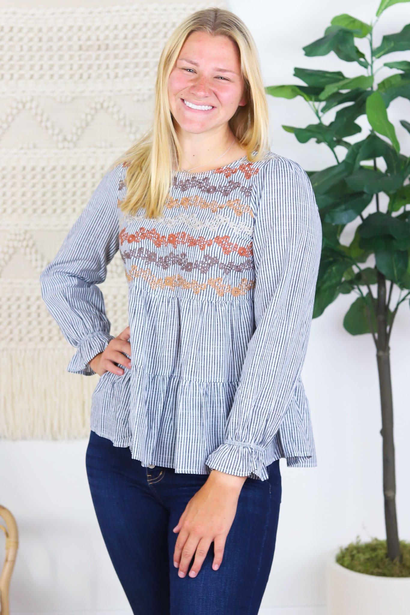 Fall Embroidered Charcoal Babydoll Top