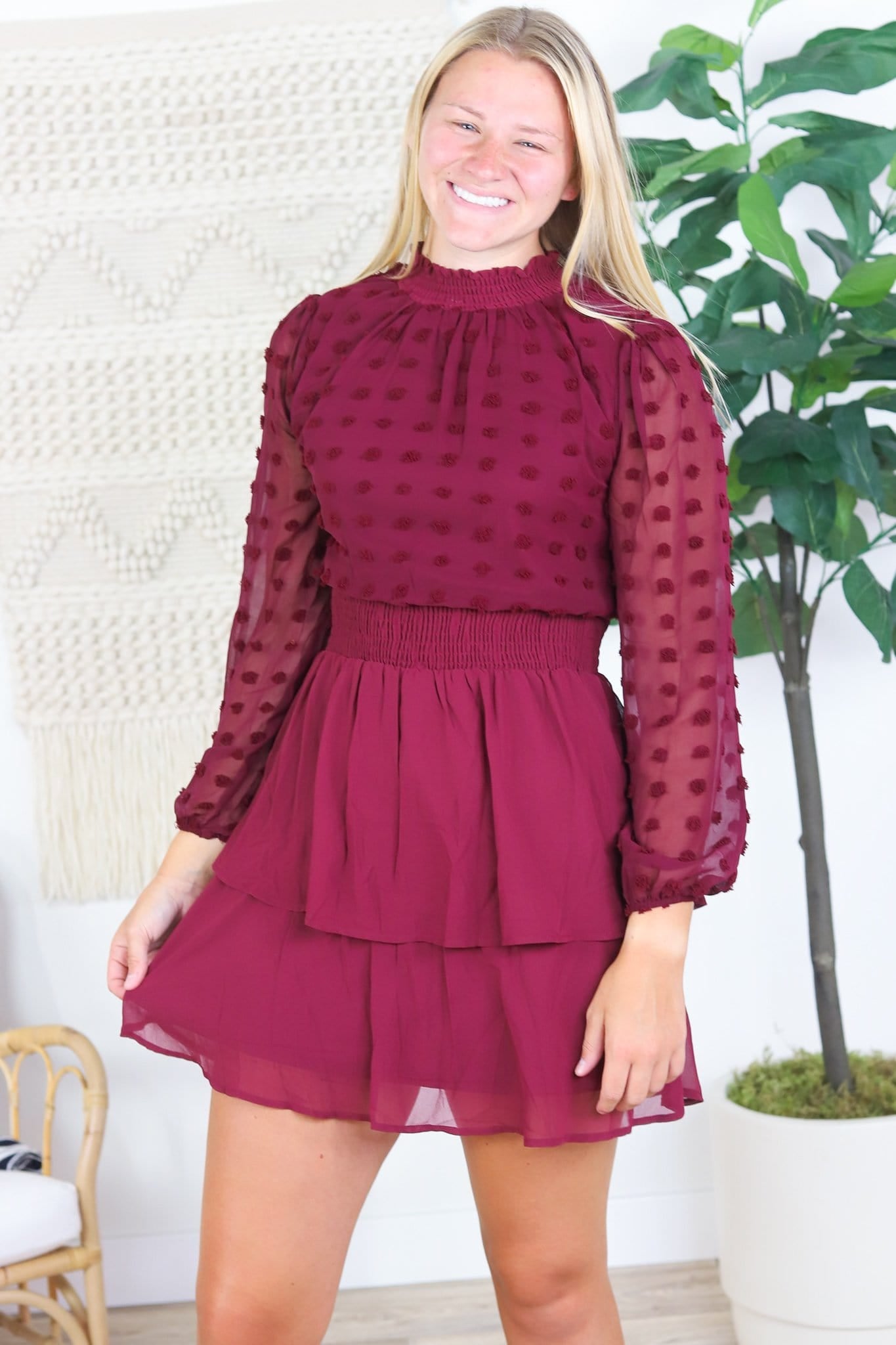 Maroon dot tiered dress