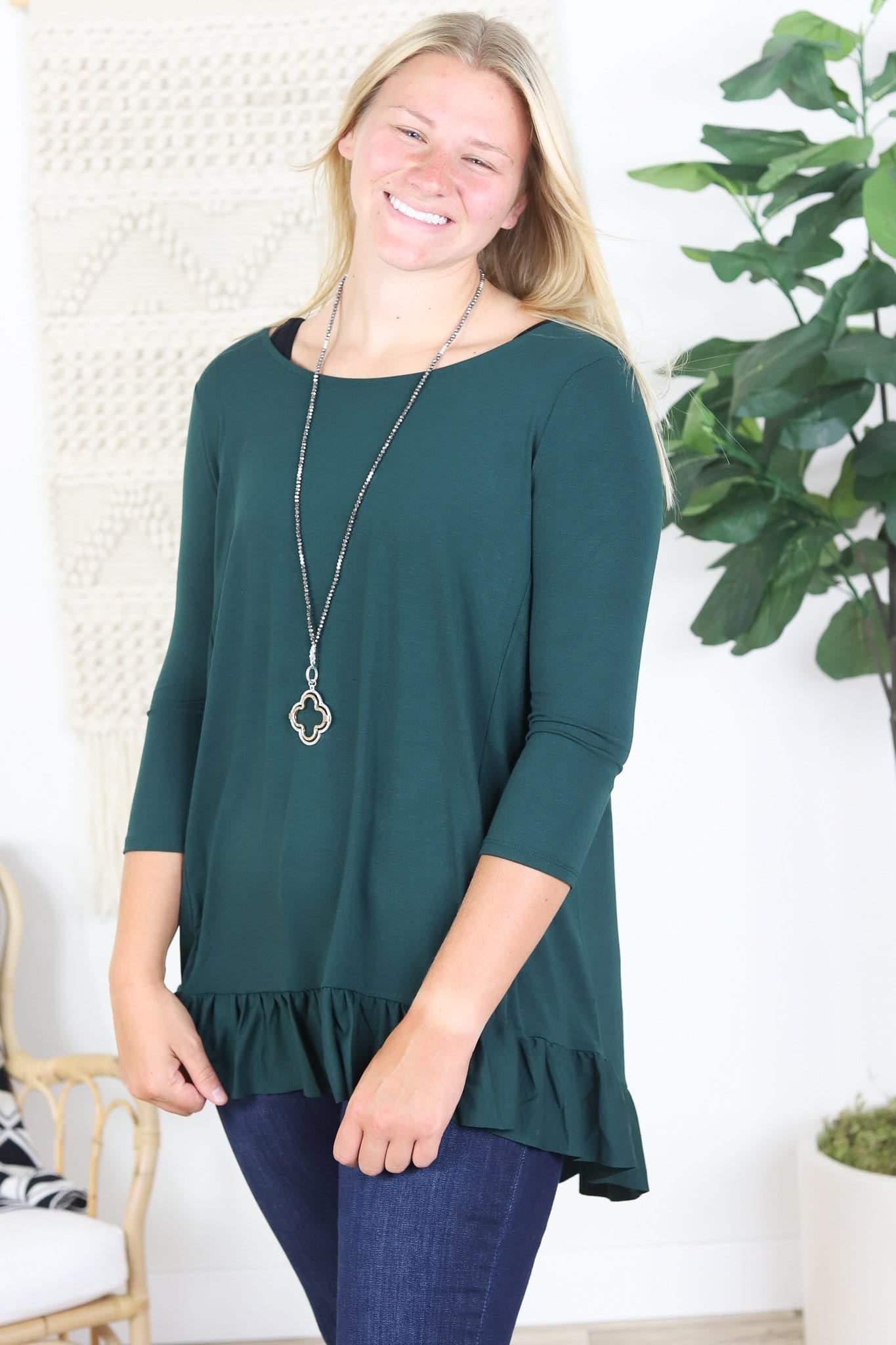 3/4 Sleeve Ruffle Hem Top