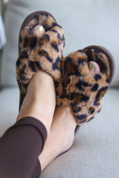 Brown Leopard Faux Fur Cross Band Slippers