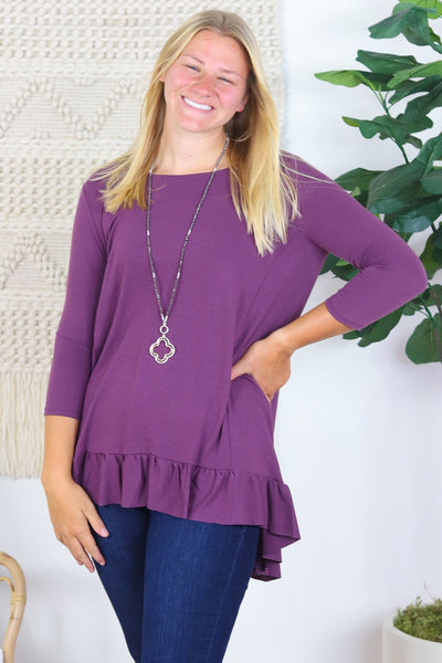 3/4 Sleeve Ruffle Hem Top