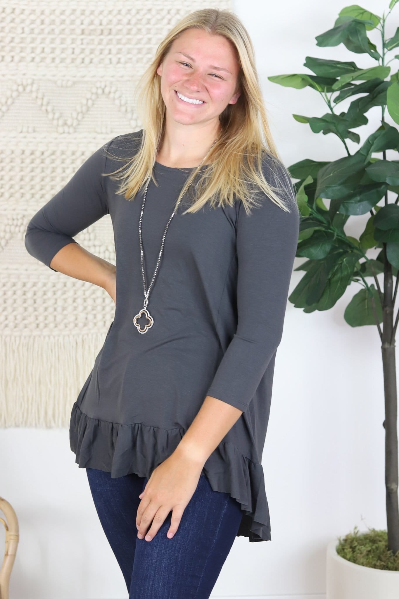 3/4 Sleeve Ruffle Hem Top