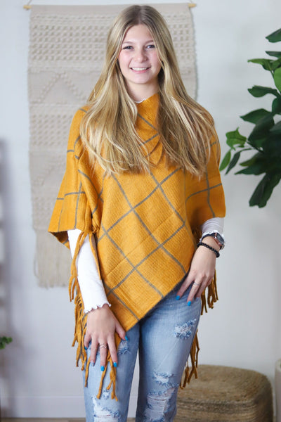 Mustard Plaid Fringe Poncho
