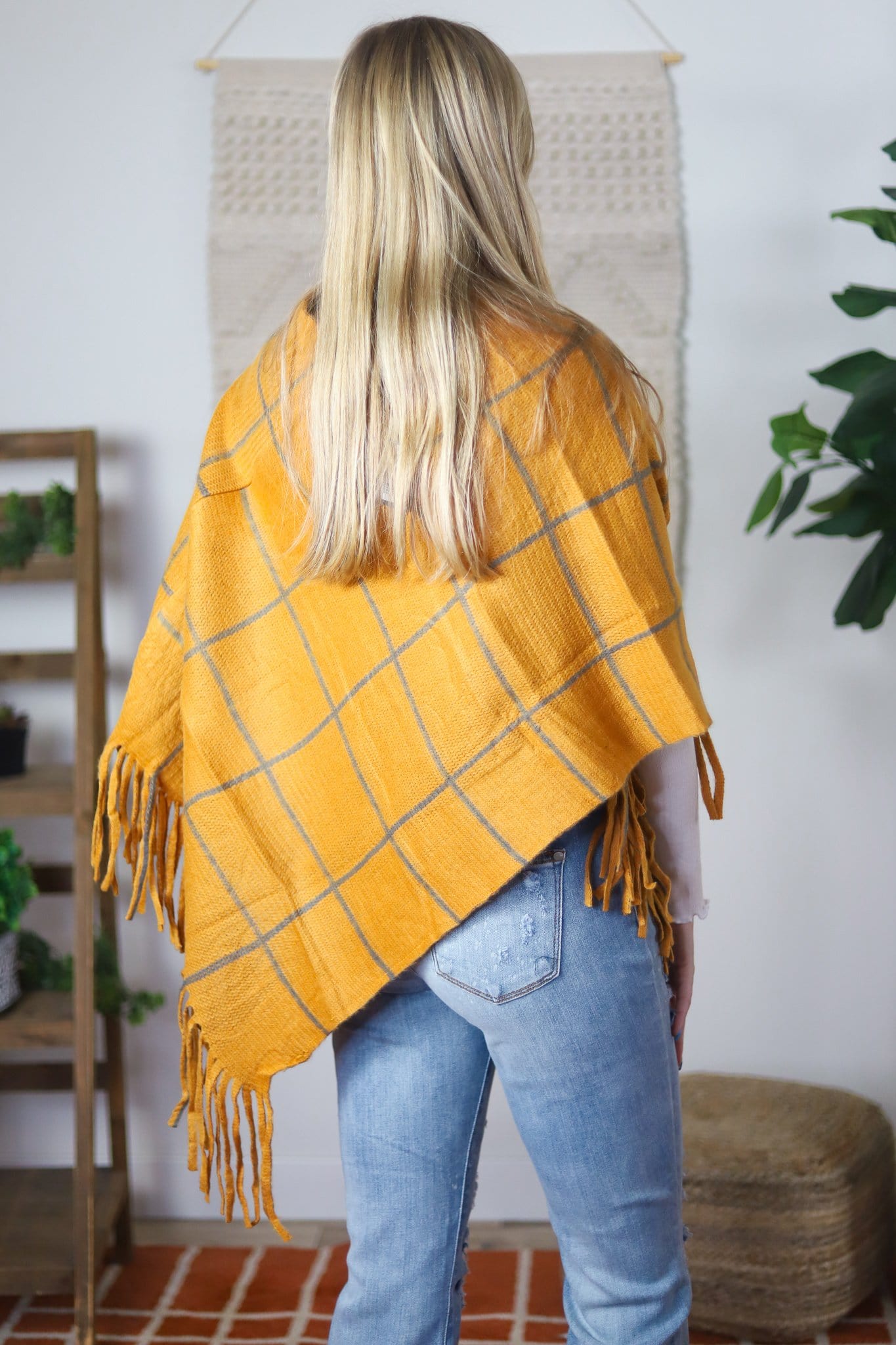 Mustard Plaid Fringe Poncho