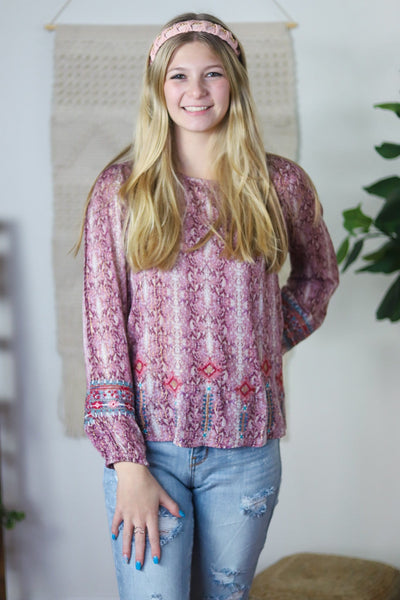 Burgundy Snake Print Embroidered Top