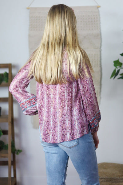 Burgundy Snake Print Embroidered Top
