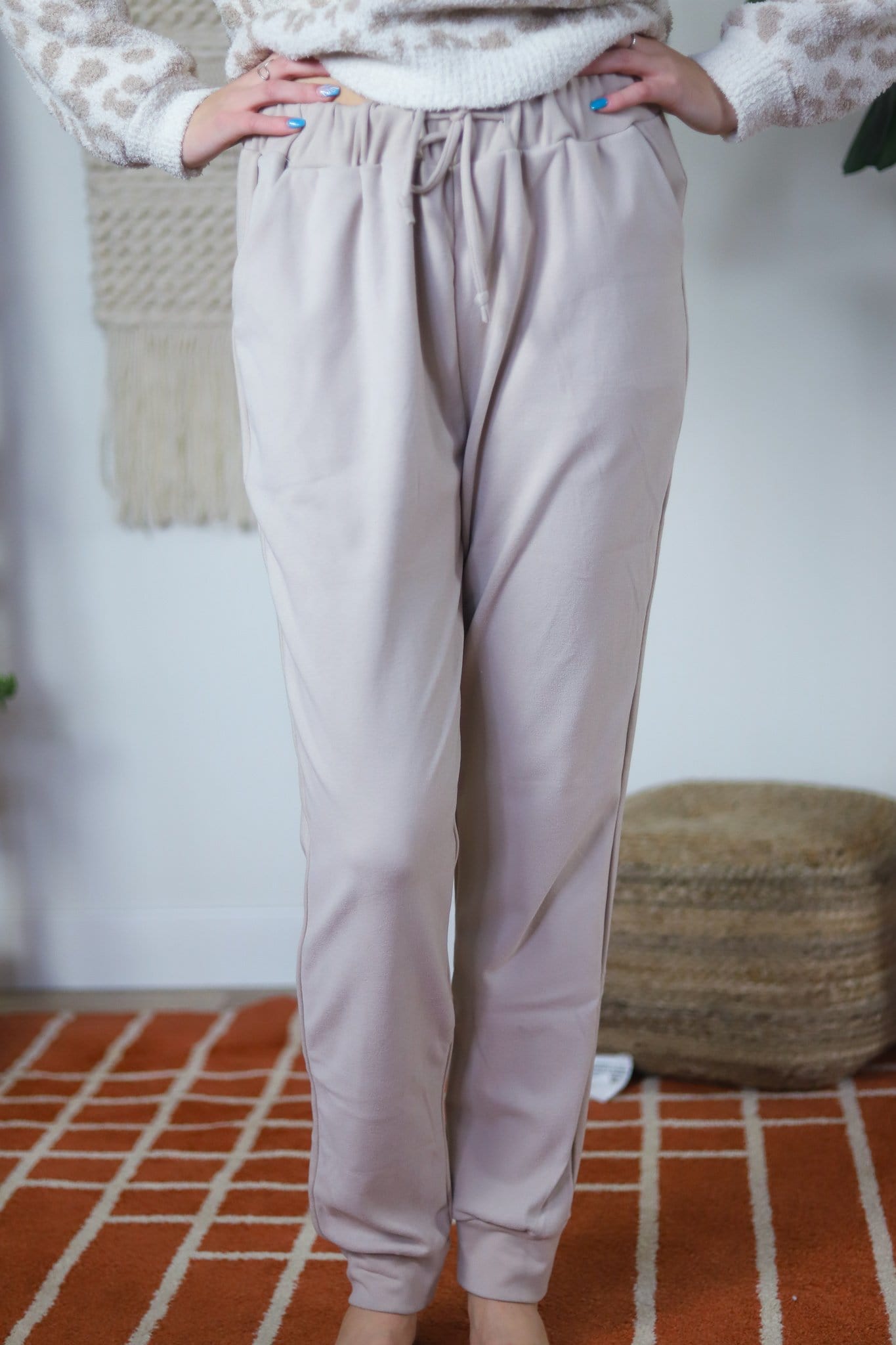 Beige Solid Brushed Jogger Pants