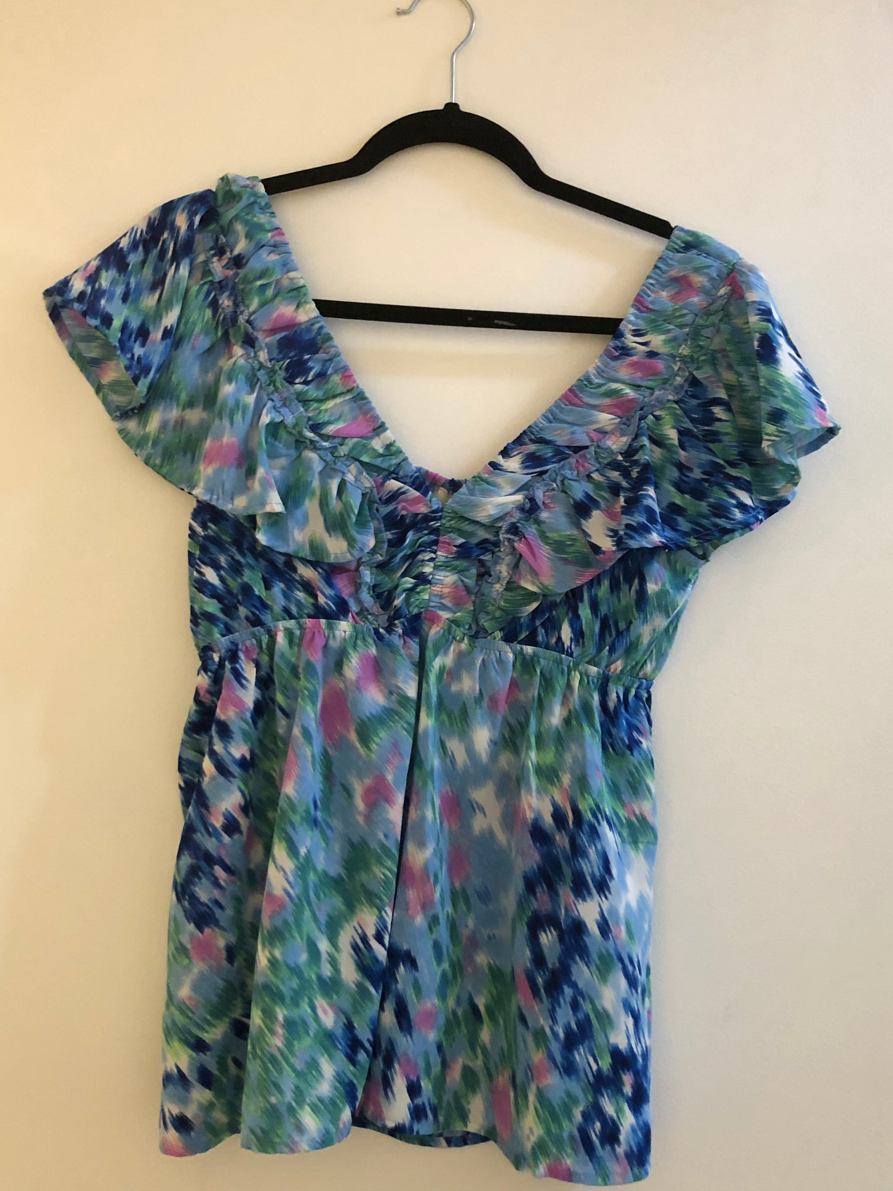 Cobalt Mixed Print Ruffled Sleeve Top
