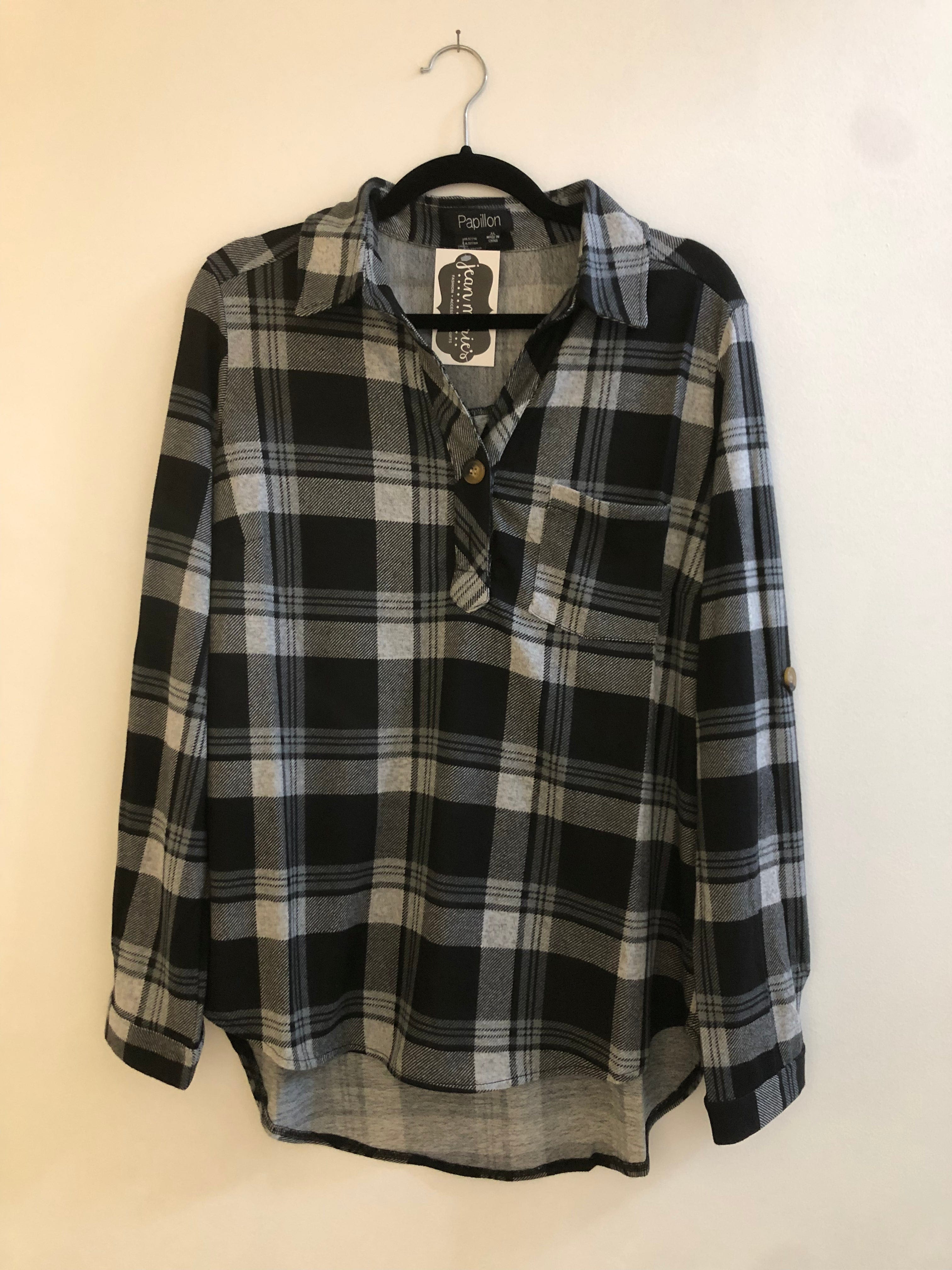 Black Plaid Popover Top