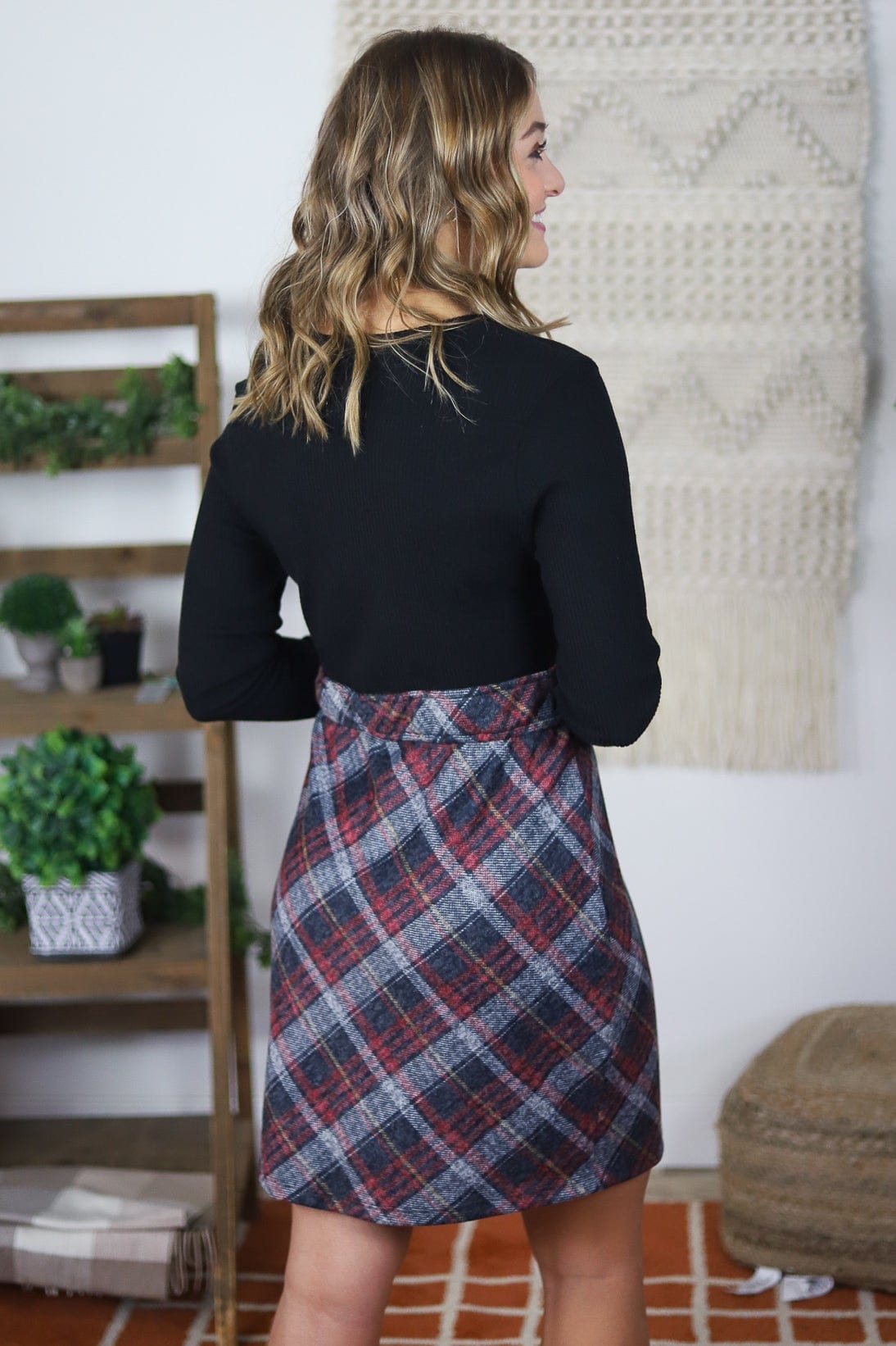 Navy & Red Plaid Ribbed Top Dress