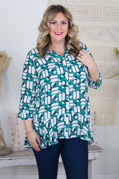 Kelly Green Geo Ruffle Blouse