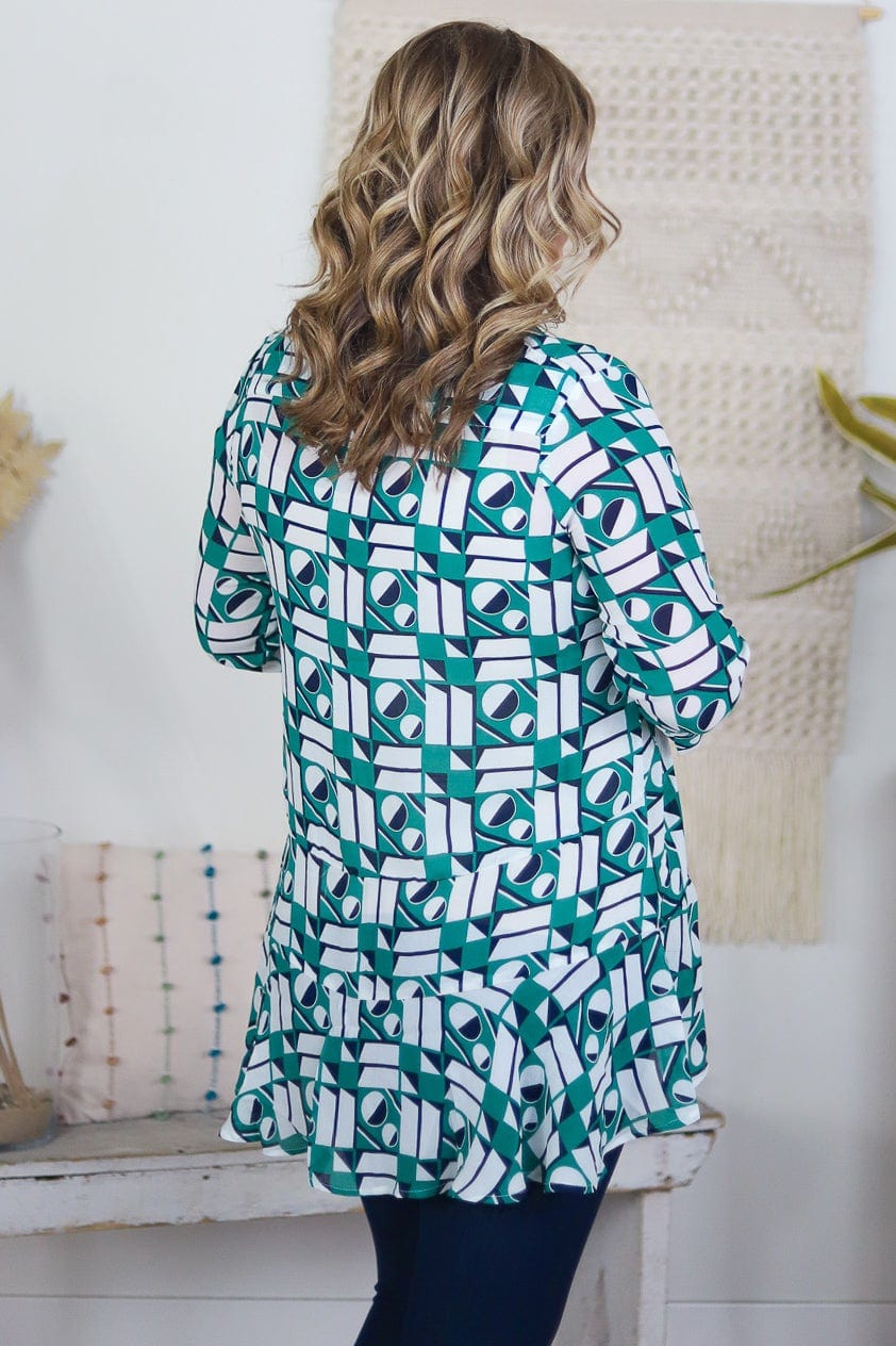 Kelly Green Geo Ruffle Blouse