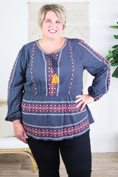 Embroidered Charcoal Babydoll Top Savanna Jane
