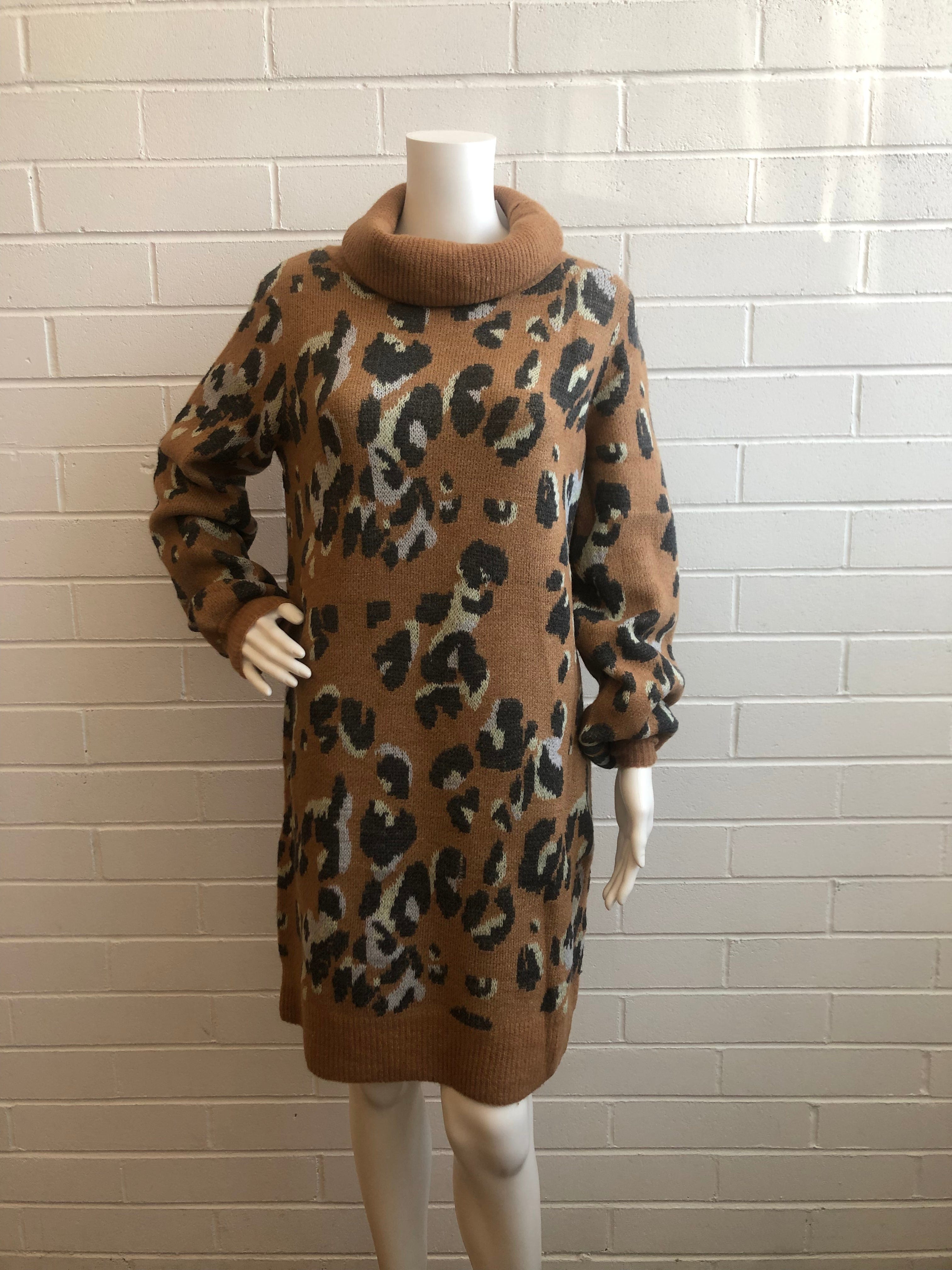 Brown Leopard Midi Sweater Dress