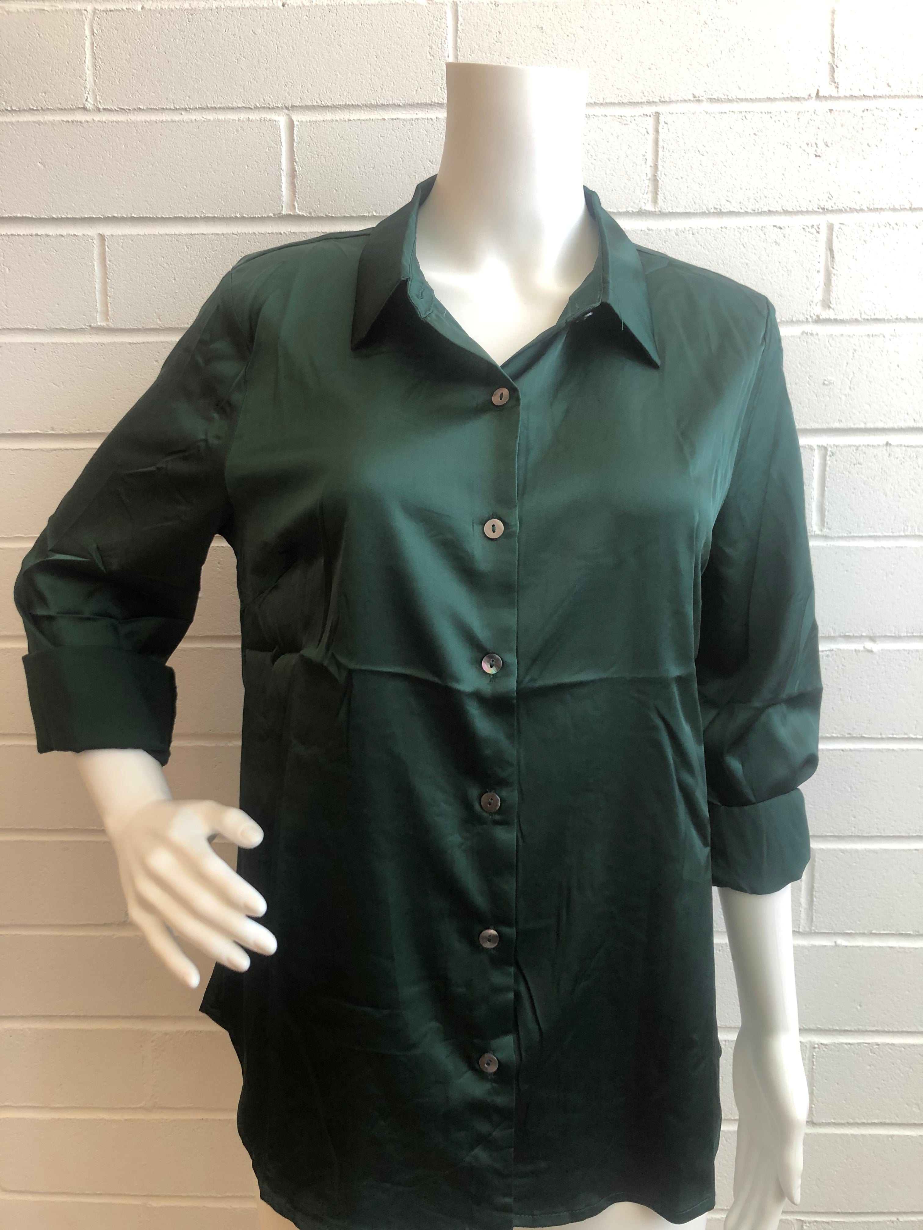 Hunter Green Satin Button Down Shirt