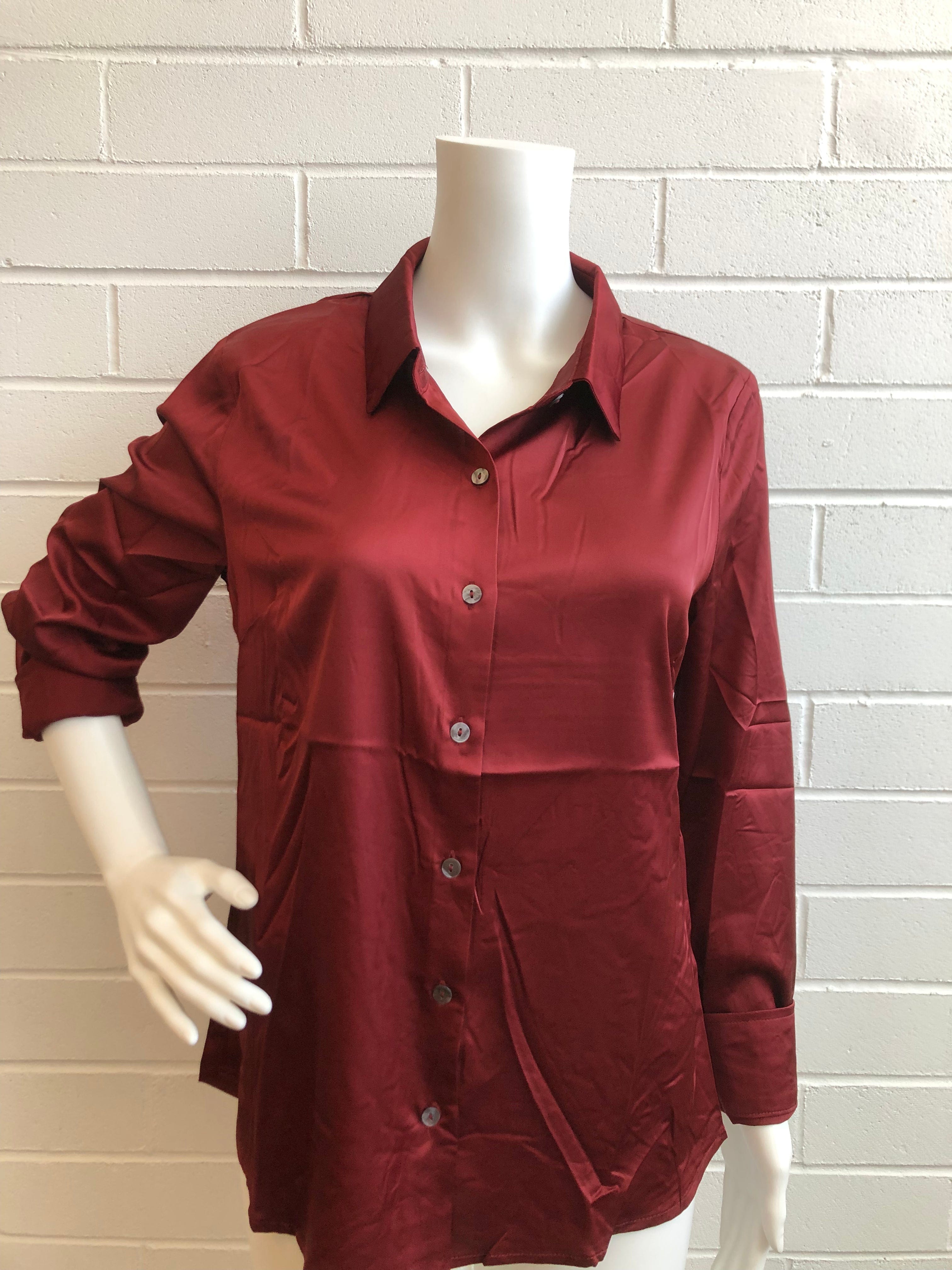 Wine Satin Button Down Shirt