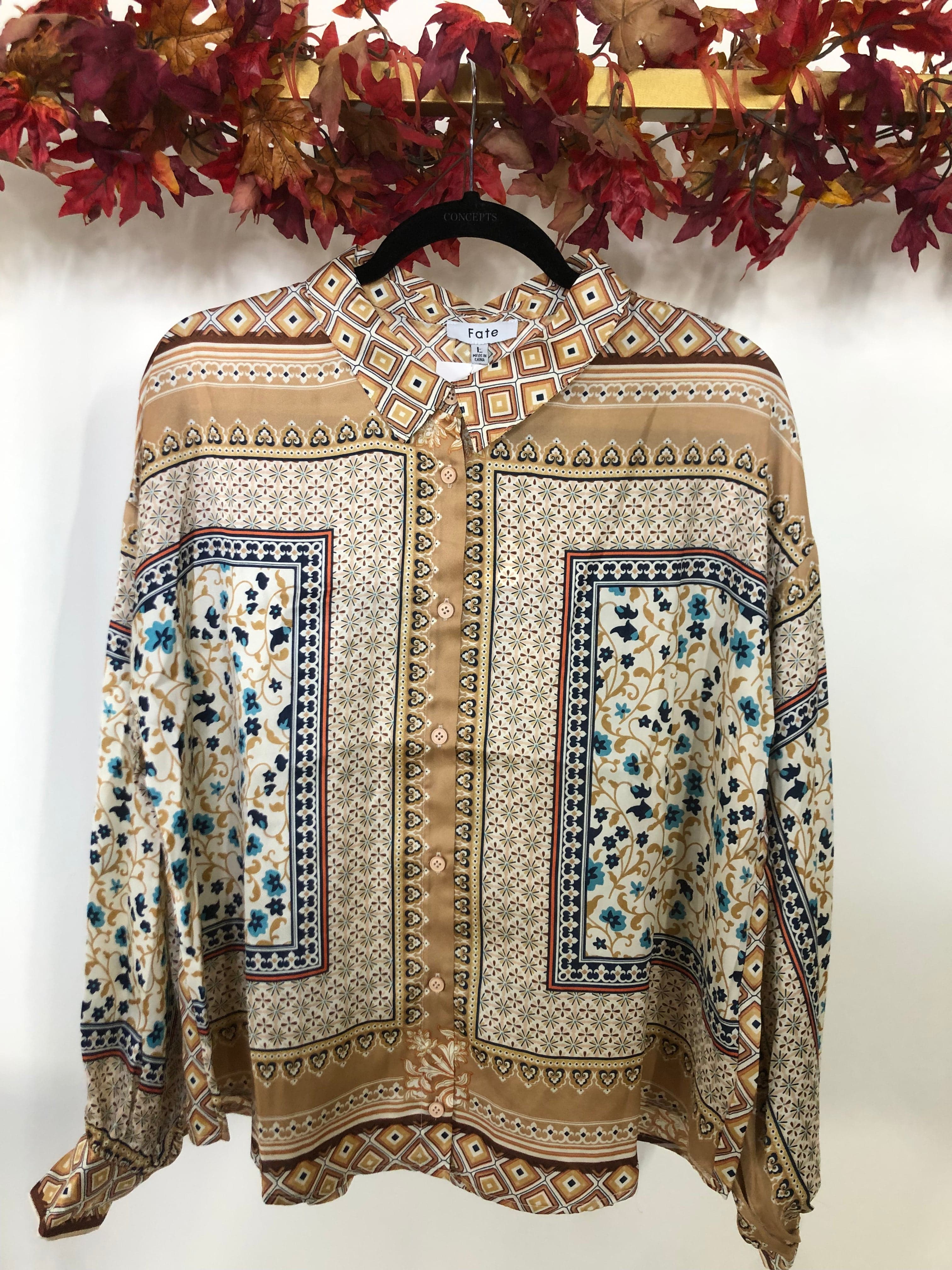 Sand Multi Print Button Down Shirt