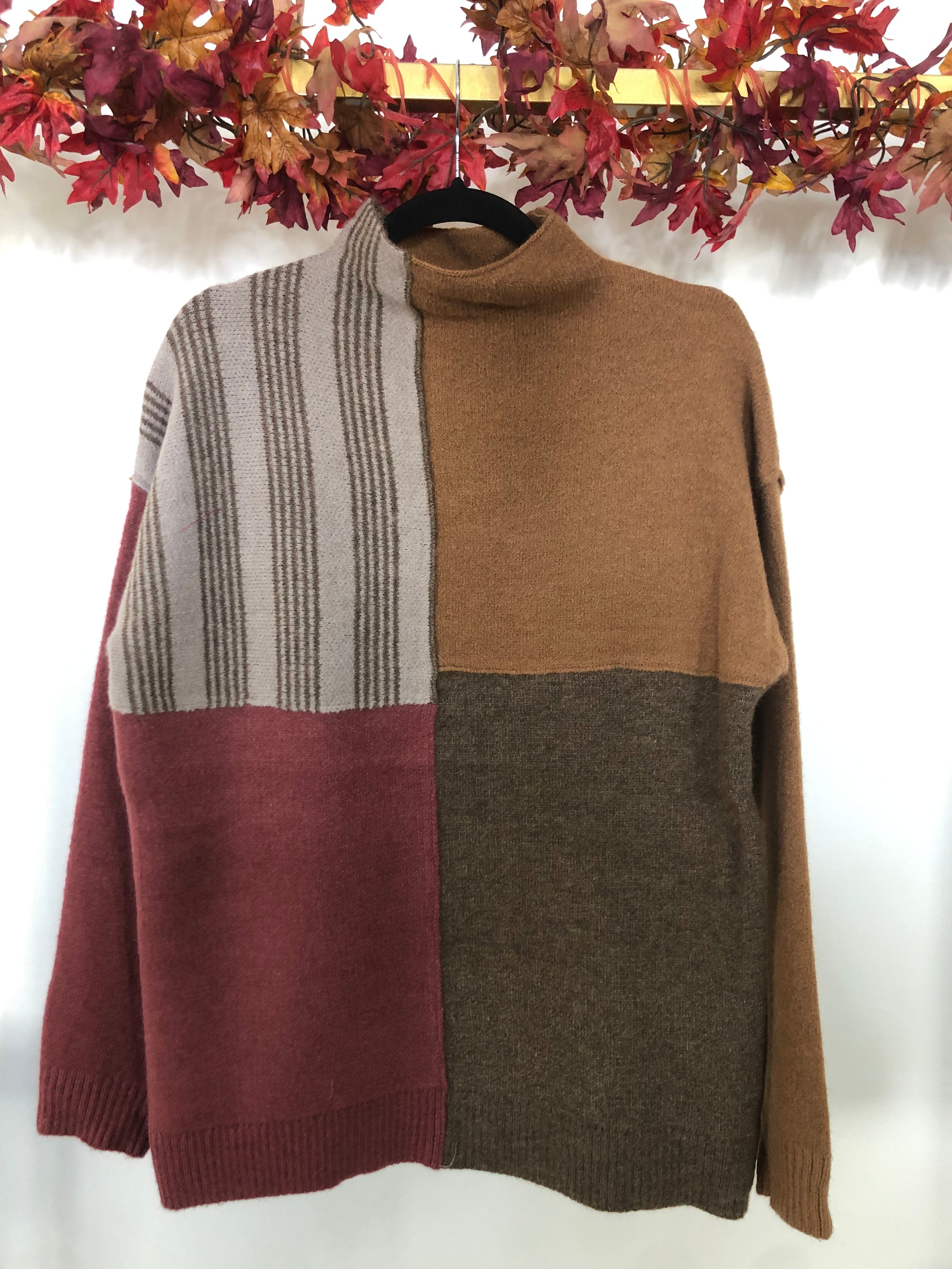 Rust & Burgundy Colorblock Mock Neck Sweater