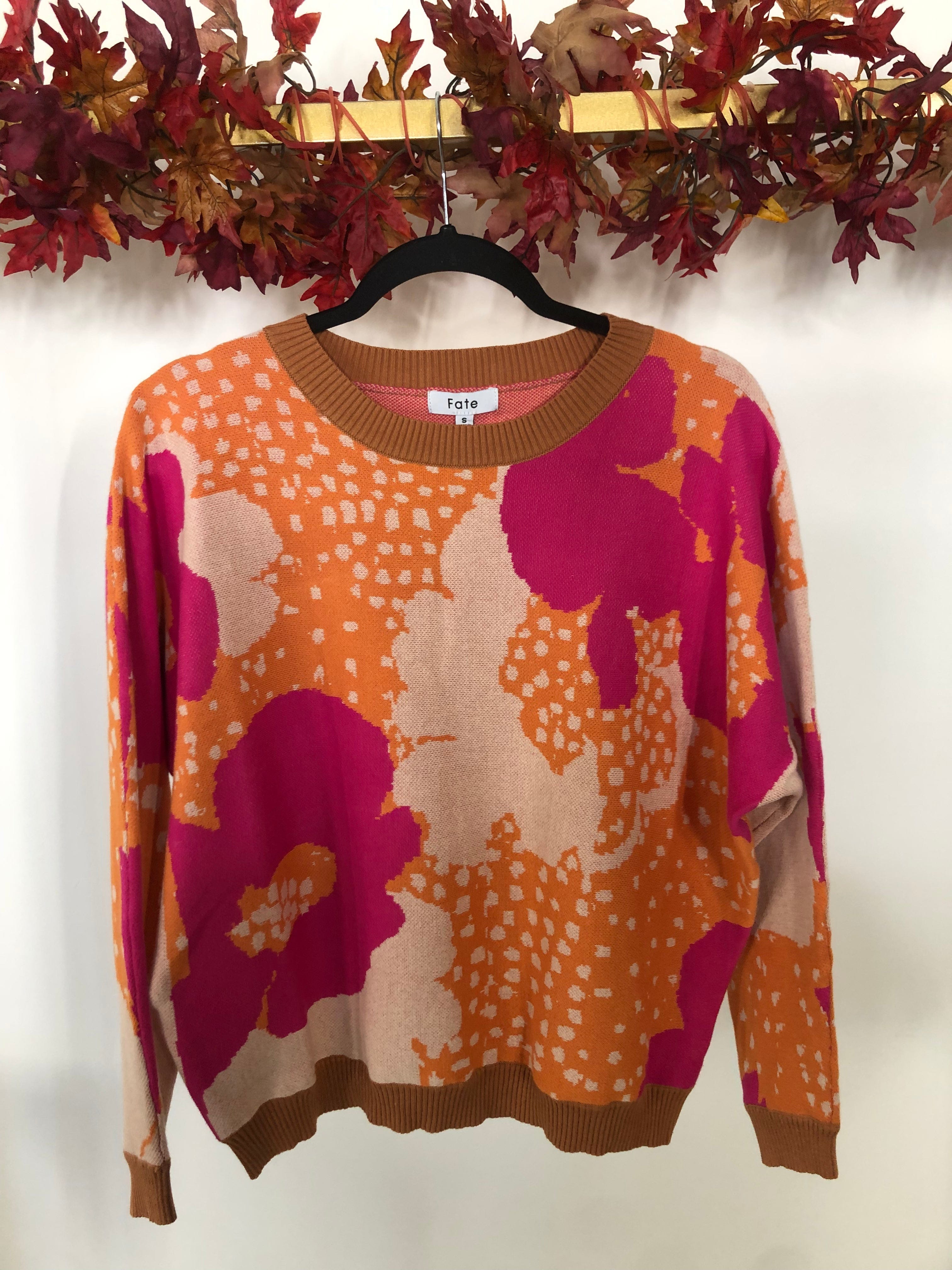 Hot Pink Floral Round Neck Sweater