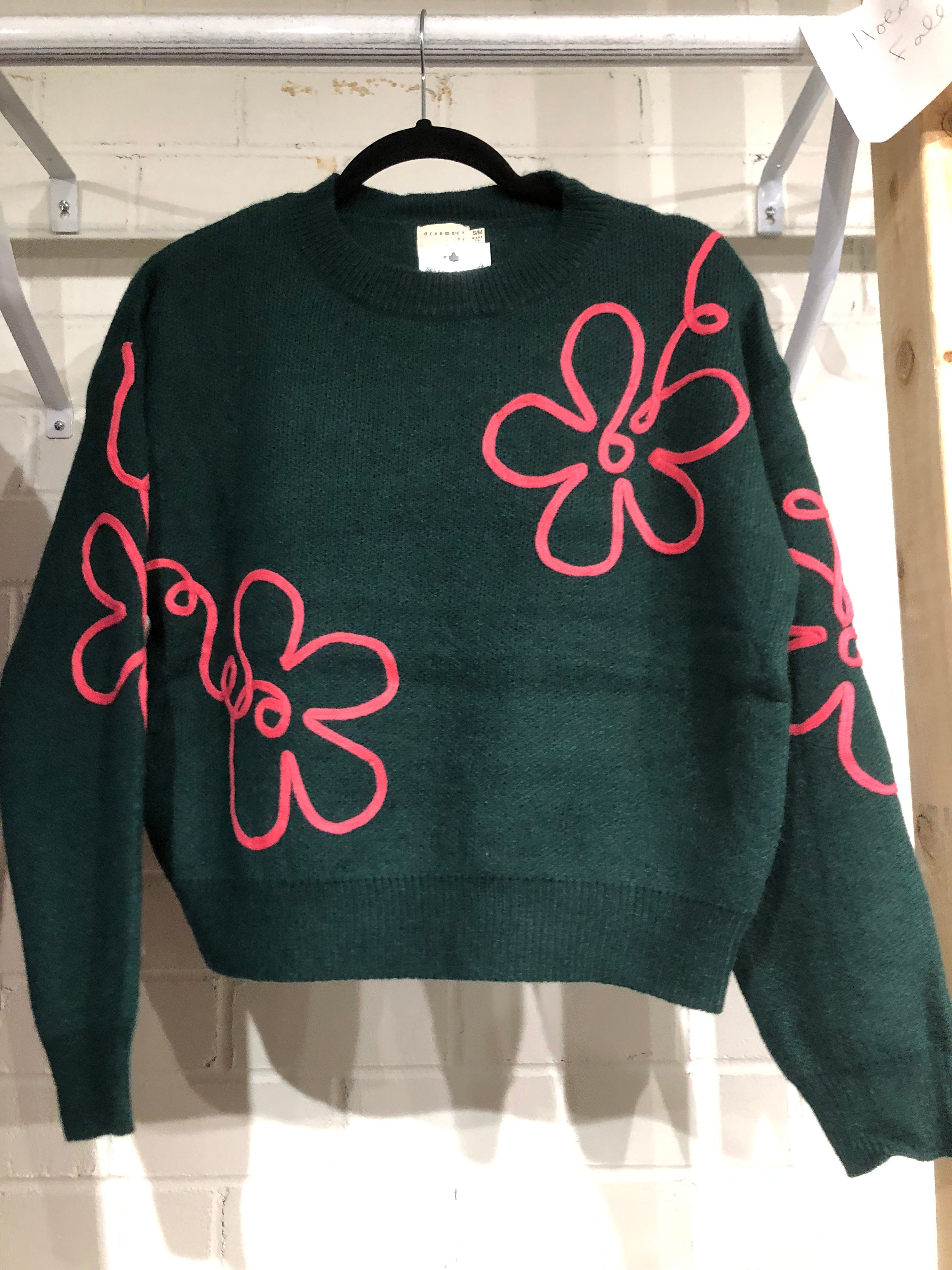 Kelly Green Pink Flower Detail Sweater