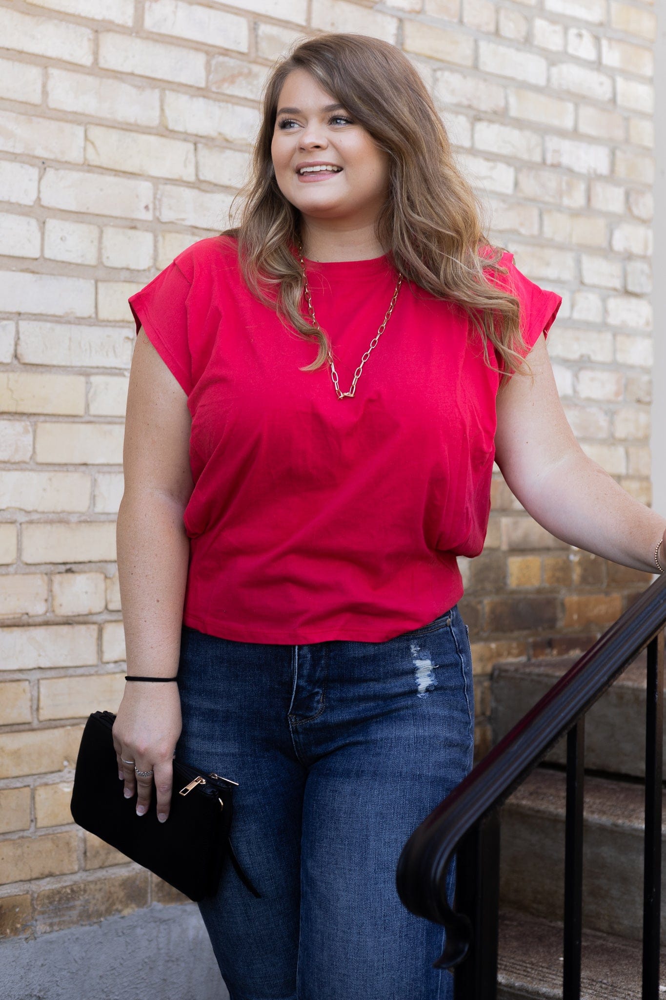 Red Pleated Shoulder Round Neck Top