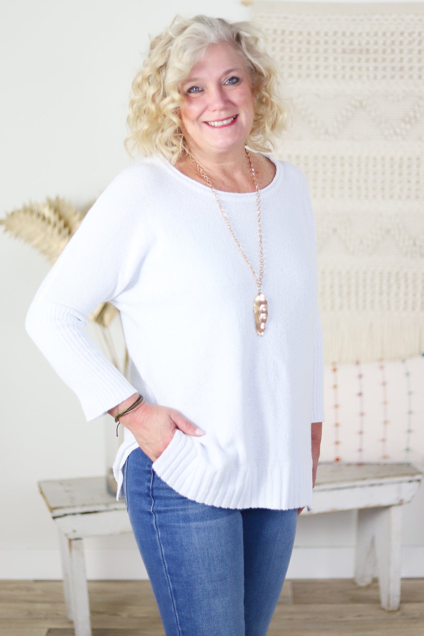 White Ribbed Dolman Sweater