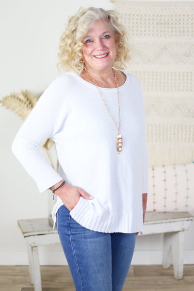 White Ribbed Dolman Sweater
