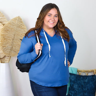 Blue Knit Vneck Hoodie