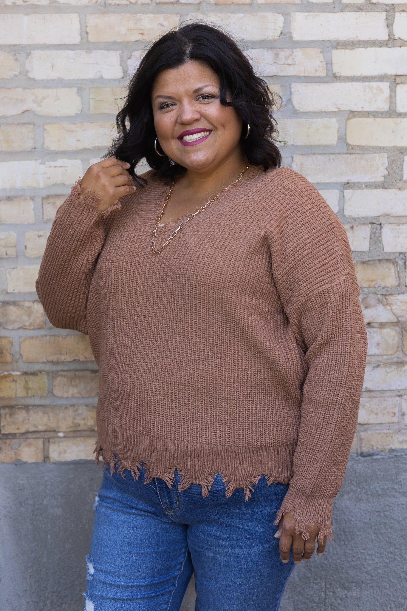 Deep Camel Distressed VNeck Sweater