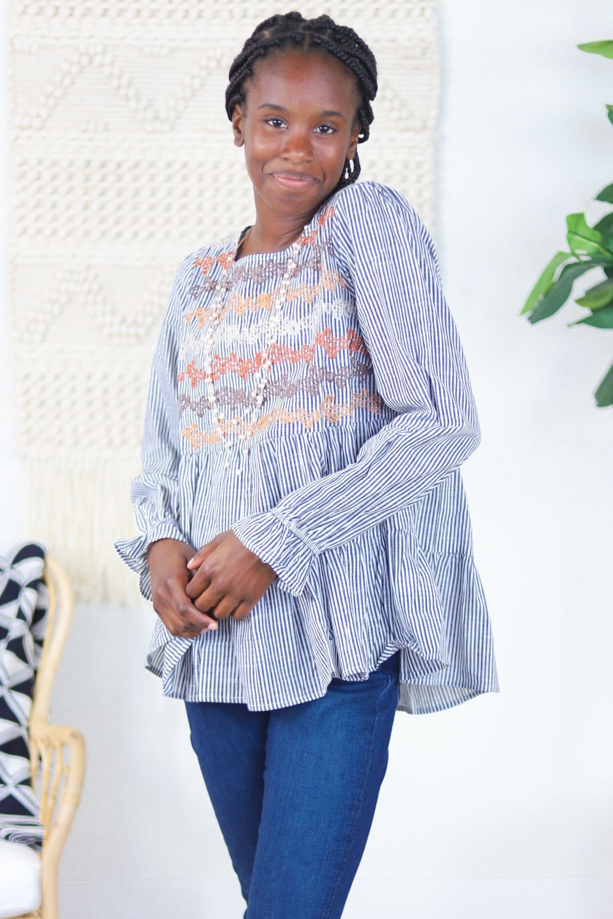 Fall Embroidered Charcoal Babydoll Top