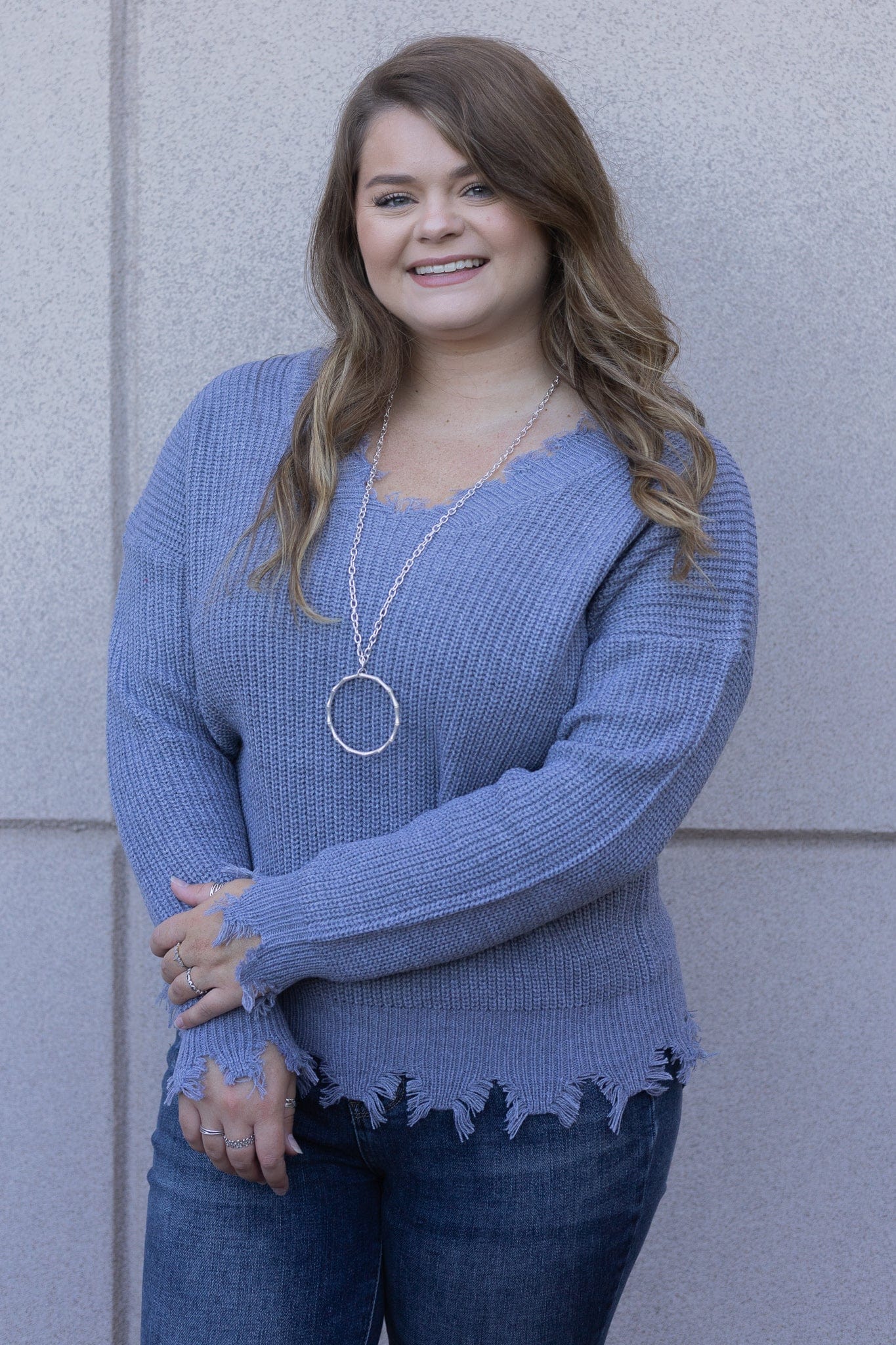 Grey Distressed VNeck Sweater