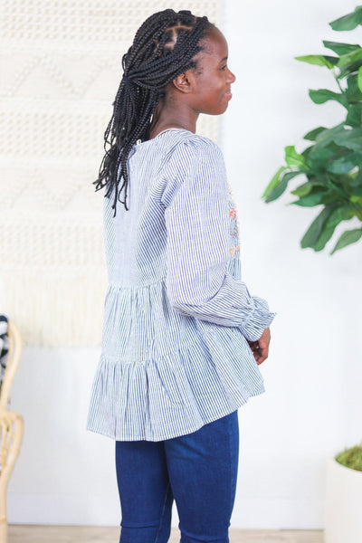 Fall Embroidered Charcoal Babydoll Top