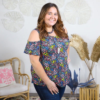 Black Floral Print Cold Shoulder Top