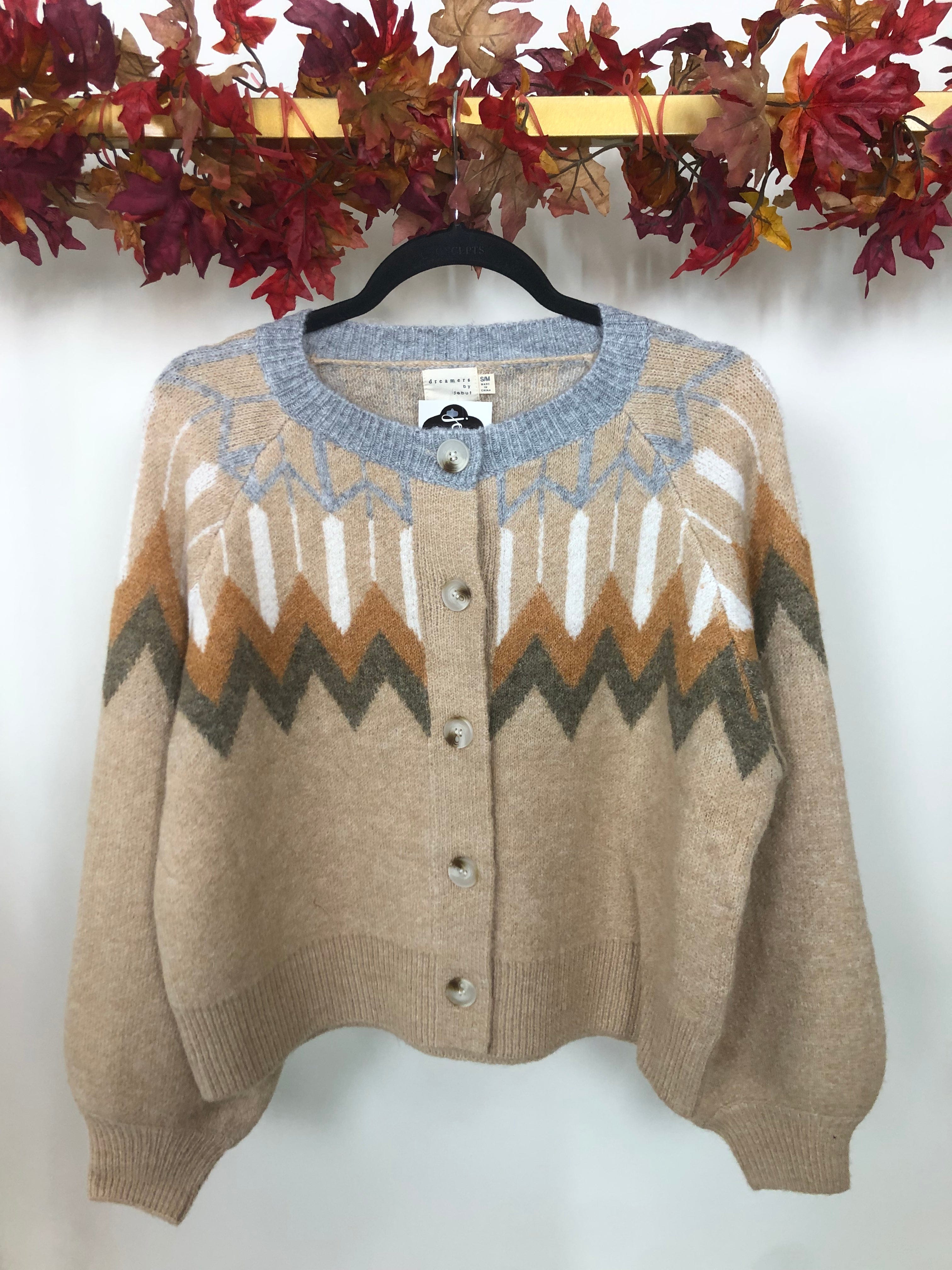 Tan Chevron Button Down Sweater