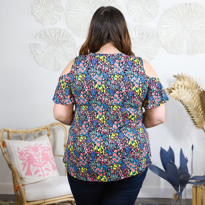 Black Floral Print Cold Shoulder Top