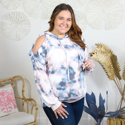 Tie Dye Cold Shoulder Ruffle Hoodie