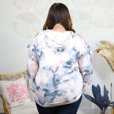 Tie Dye Cold Shoulder Ruffle Hoodie
